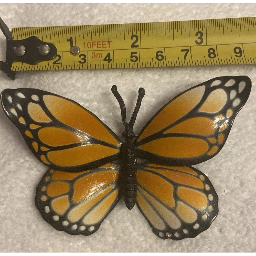 Goldtone Monarch Butterfly Brooch Black Orange Yellow Tiered Wings Glossy Finish - Picture 4 of 7